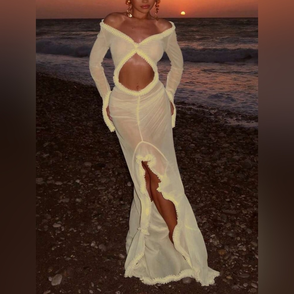 Super sexy sheer long sleeve ruffled fitted yellow gown/ dress with cutout